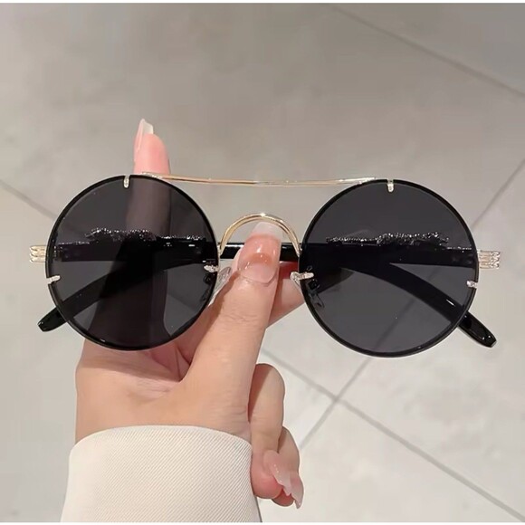 Vintage Round Sunglasses Men Fashion Double Bridge Black Gold Shades Women Retro - Picture 2 of 5